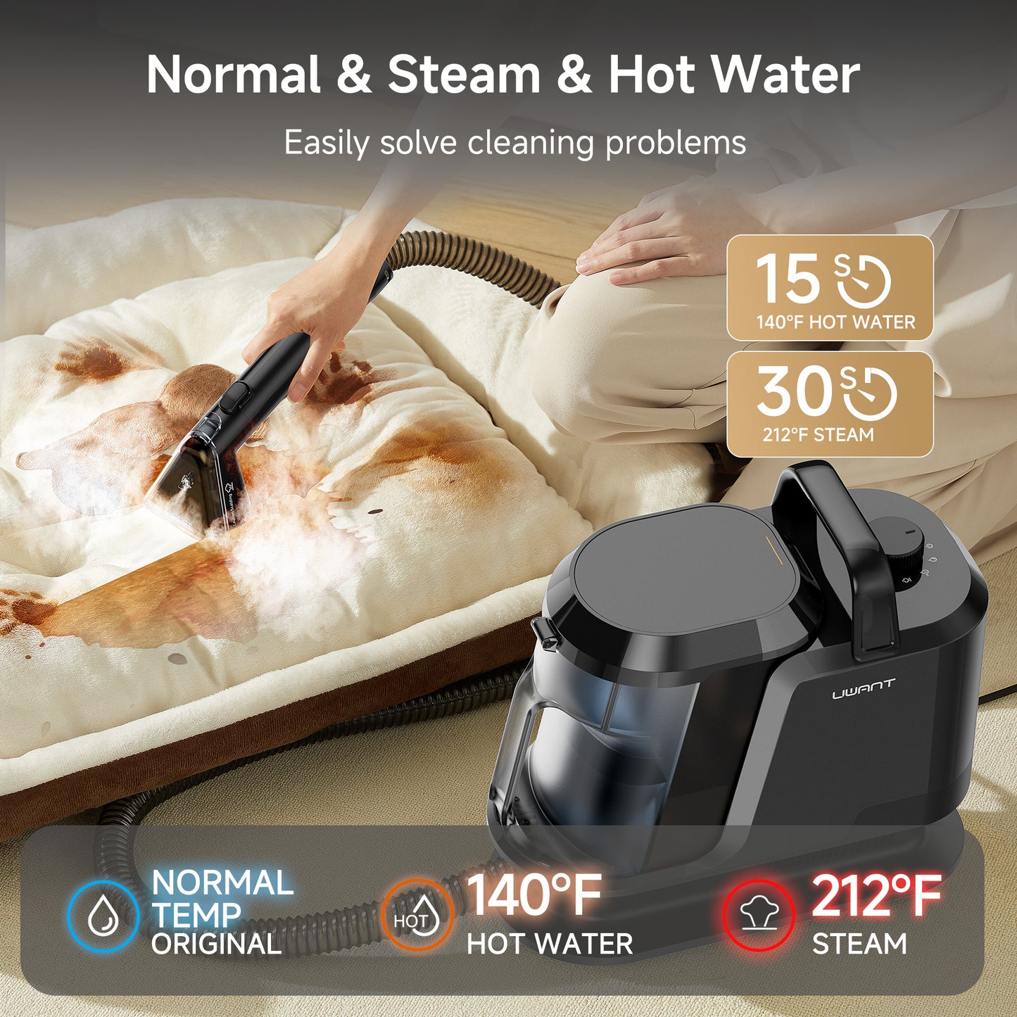 UWANT Y100 steam 18KPa Portable Carpet Cleaner with Steam & Heating for Pet Hair and Stains